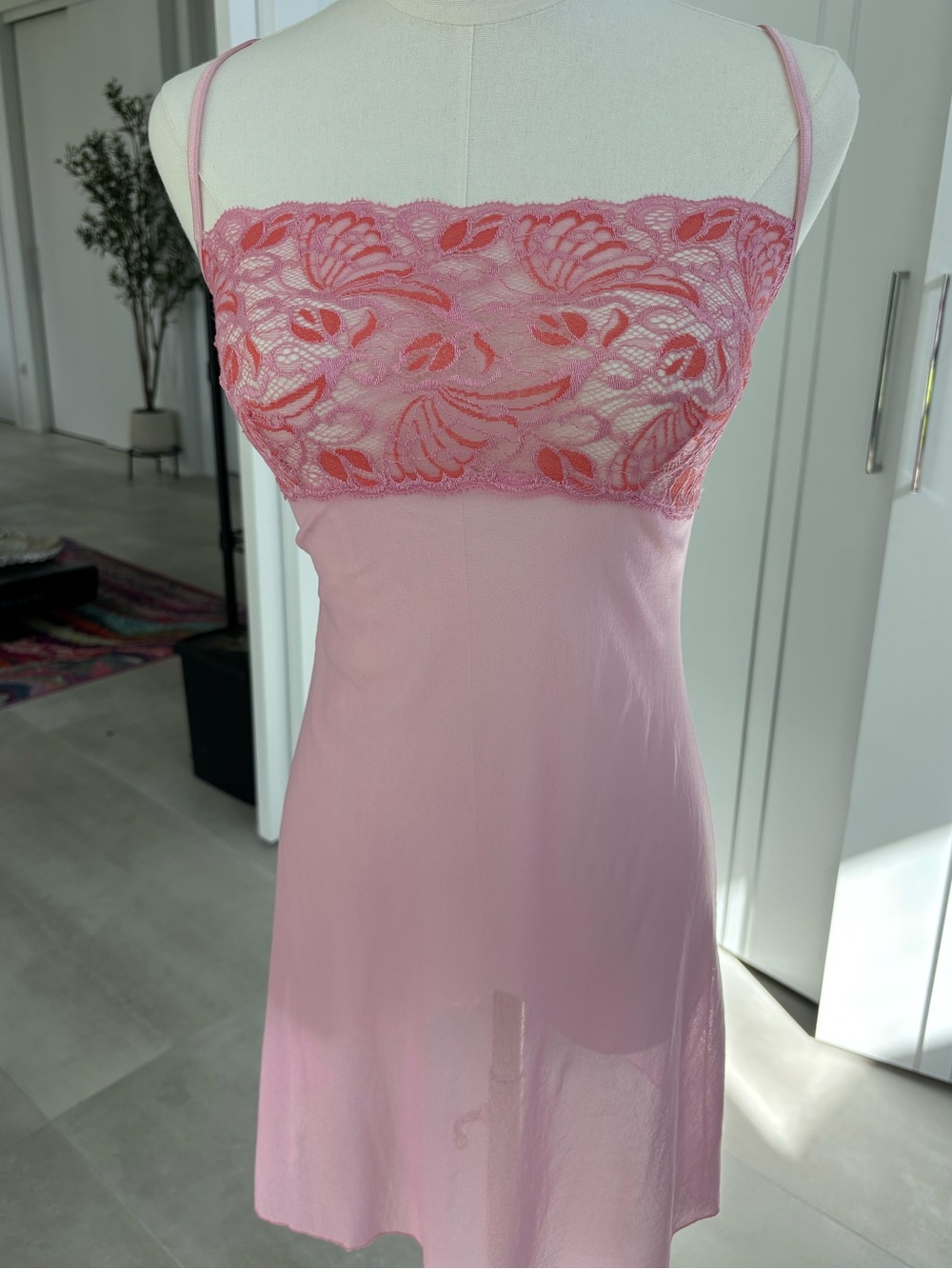 Cosabella Pink Lace-Trim Slip Chemise with Coral Embroidery